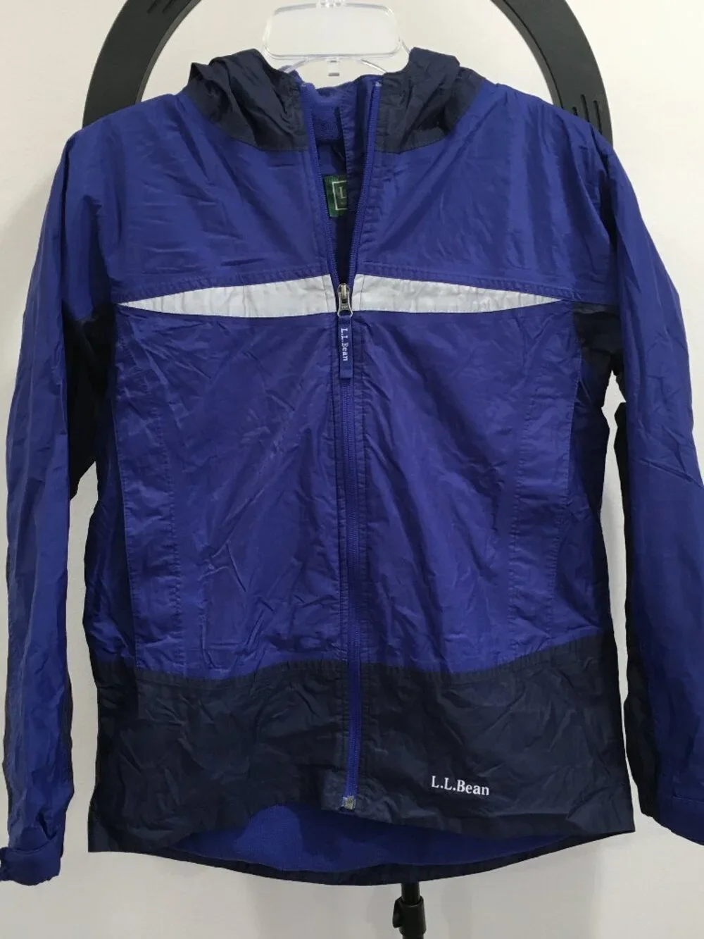 L.L.Bean Blue Navy Fleece Lined Zip Pockets Reflective Strips Hooded Jacket
